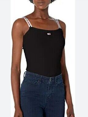 Tommy Jeans Black Ribbed Bodysuit Logo Straps Thong Bottom Size Small